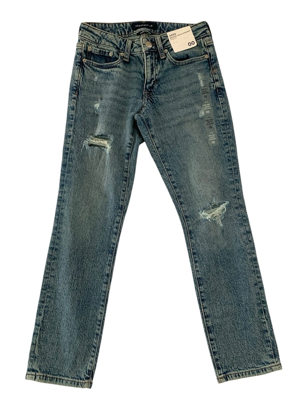 Aéropostale Mid Rise Ankle Straight Jeans NWT Size 00 Distressed Stretch Denim